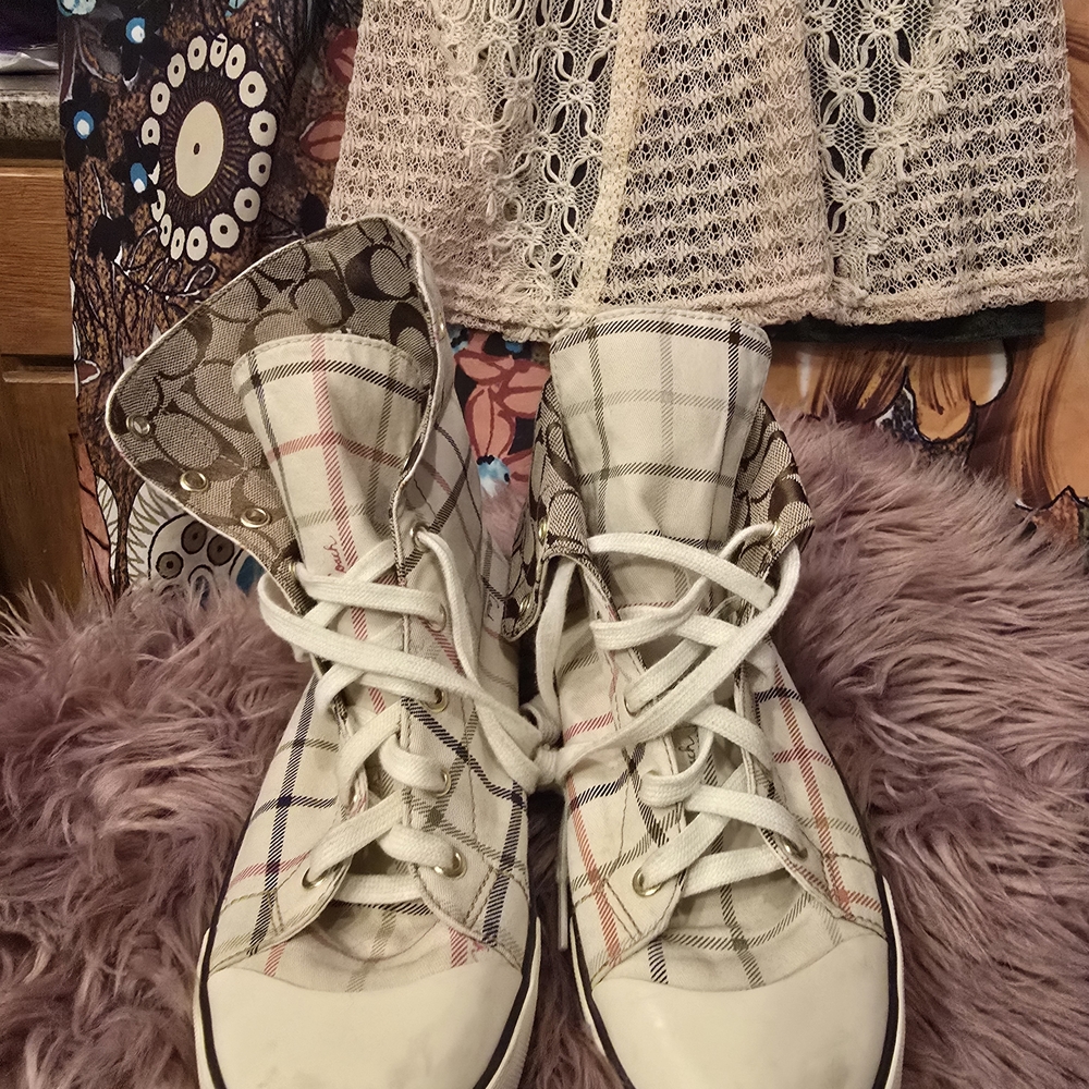 Coach Women's Plaid High-Top Sneakers - Cream and Brown - Picture 10 of 13